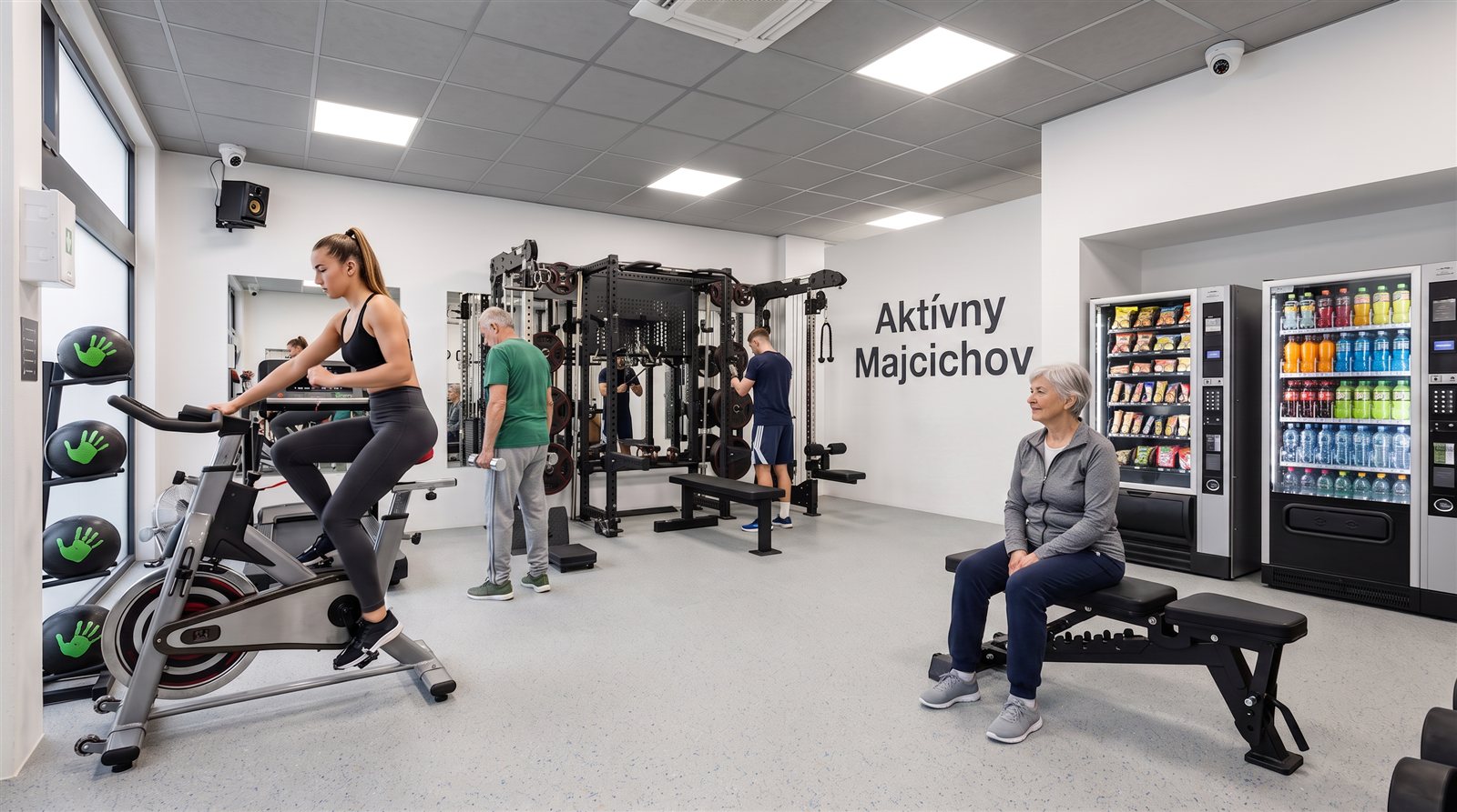 Interiér moderného fitness centra Aktívny Majcichov — mladá žena cvičí na rotopede, v pozadí muž pri posilňovacom stroji, na stene nápis Aktívny Majcichov a automaty na nápoje a desiatu