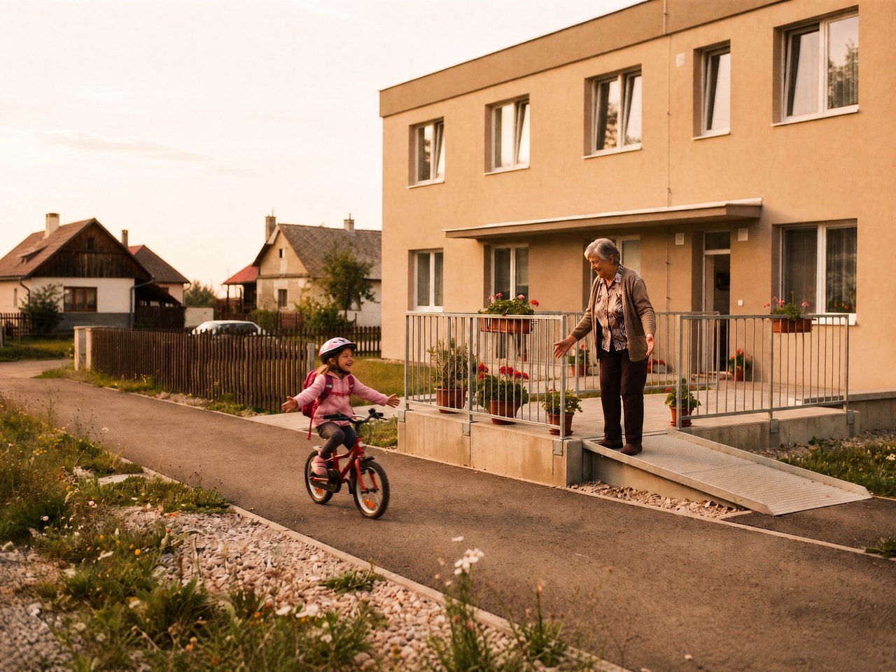 Seniorka na bezbariérovej terase nájomného bytu víta vnúčatko prichádzajúce na bicykli