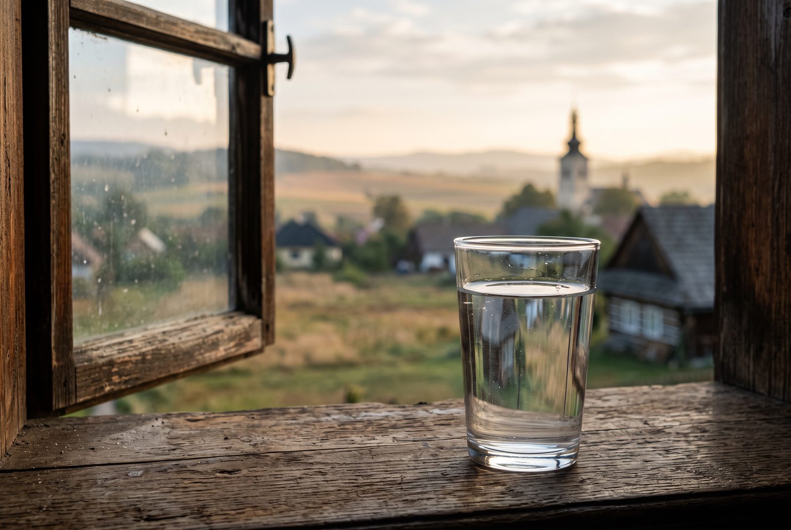 Pohár čistej vody na drevenom okennom parapete, v pozadí rozostrená krajina Majcichova s kostolnou vežou